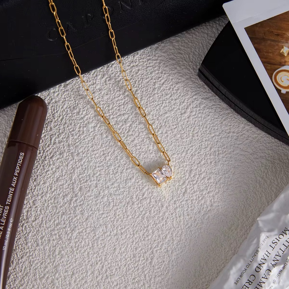 18K Gold Plated Heart and Square Cubic Zirconia Necklace - Picture 11 of 11